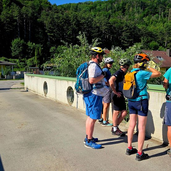 Fünf Radfahrer mit Helmen und Rucksäcken stehen auf einer Brücke und blicken auf einen üppigen grünen Wald. Ein Gebäude mit braunem Dach ist im Hintergrund zu sehen.