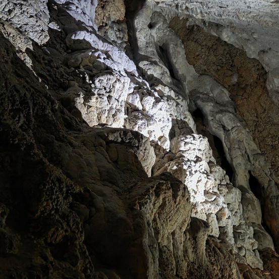 Eine Nahaufnahme einer Höhlenwand mit rauen, zerklüfteten Felsformationen und einem schmalen Lichtstrahl, der das Gebiet beleuchtet.