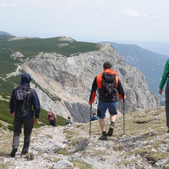 Eine Gruppe von Wanderern mit Rucksäcken geht auf einem Bergpfad. Einer trägt eine orange Jacke, und ein anderer hat eine grüne Jacke. Sie benutzen Trekkingstöcke. Im Hintergrund befinden sich ein felsiger Berg und üppige grüne Vegetation.