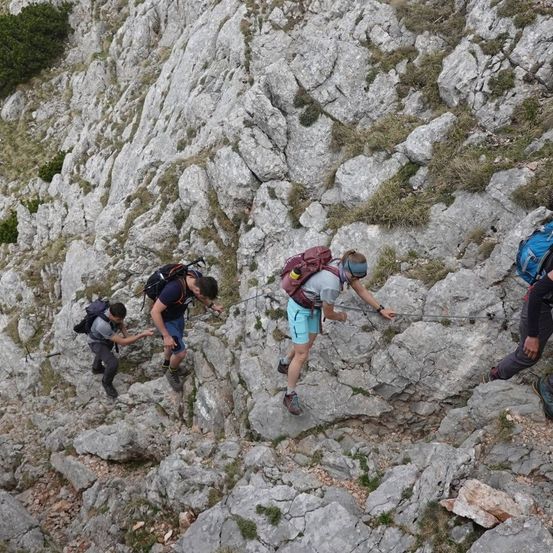 Vier Wanderer steigen einen felsigen Berg hinauf. Sie tragen Rucksäcke und benutzen Seile zur Sicherheit. Einer hält sich an einem Seil fest, ein anderer greift einen Felsen. Sie tragen Turnschuhe und Shorts.