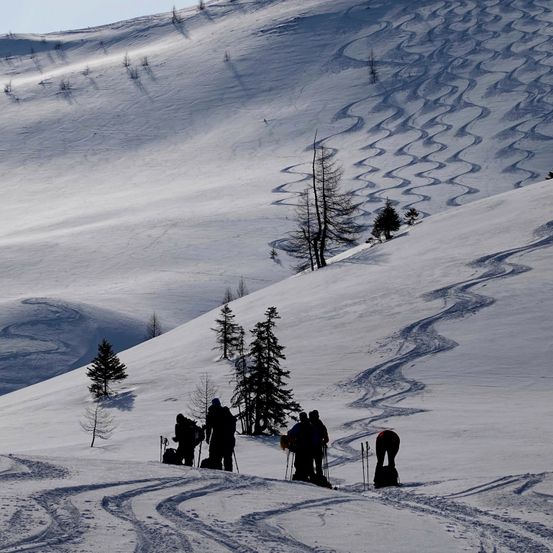 Eine Gruppe von Skifahrern auf einem verschneiten Berg. Sie bereiten sich mit ihrer Ausrüstung auf eine Skiabfahrt vor. Der Berg ist schneebedeckt und hat einige Bäume.