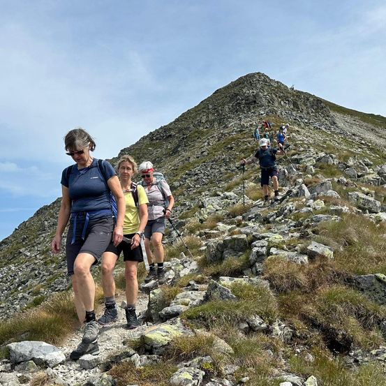Eine Gruppe von Wanderern, einige mit Hüten und Brillen, erklimmt einen felsigen Bergpfad unter einem klaren Himmel.