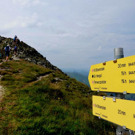 Eine Gruppe von Wanderern erklimmt einen Bergpfad mit gelben Schildern, die die Wanderzeiten und Entfernungen zu nahegelegenen Gipfeln angeben.