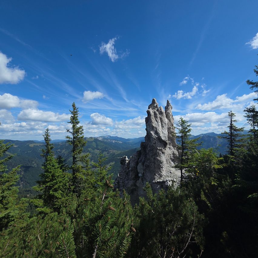 Ein Panoramablick auf einen felsigen Felsen inmitten eines dichten Waldes. Der Himmel ist klar mit verstreuten Wolken, und Berge sind in der Ferne sichtbar.