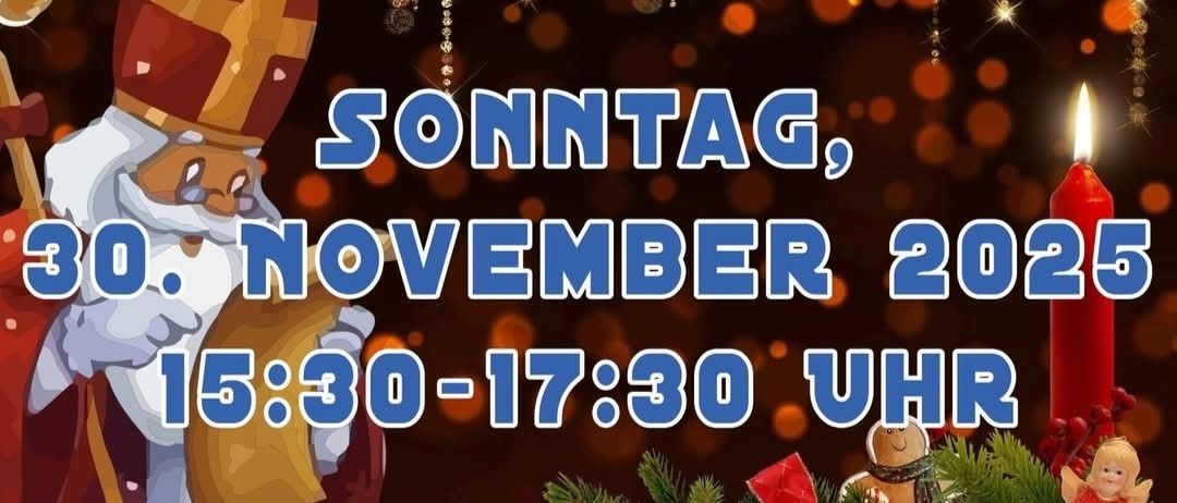 Plakat für eine Nikolausveranstaltung in Trofaiach am 30. November 2025 von 15:30 bis 17:30 Uhr. Mit Abbildung von St. Nikolaus mit Stab, und Kinder können spielen, reiten und dekorieren, bevor er ankommt.