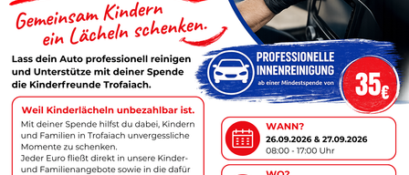 Ein Plakat, das professionelle Autoreinigungsdienste für einen guten Zweck bewirbt, mit einem Bild einer Person, die den Innenraum eines Autos reinigt, und Details zu Datum, Ort und Kontaktinformationen.