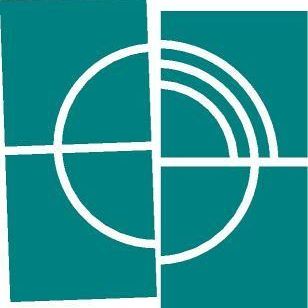 Ein quadratisches Bild mit vier gleichen Quadranten, die durch ein weißes Kreuz und einen Kreis geteilt sind. Die Quadranten sind türkis und das Kreuz und der Kreis sind weiß.