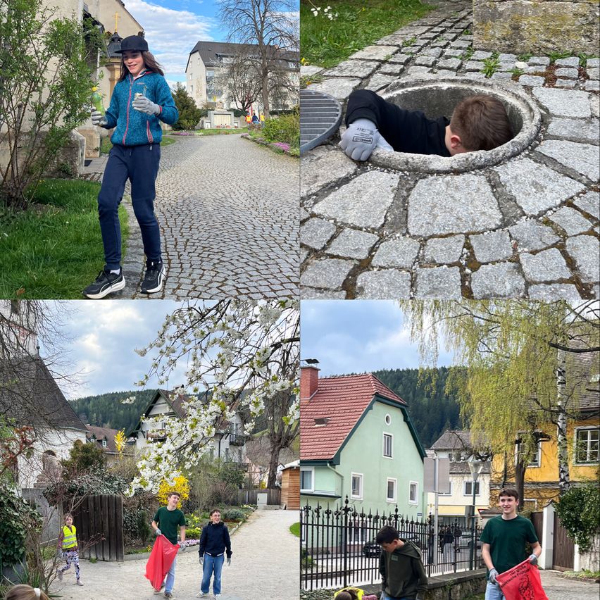 Eine Collage aus vier Bildern. Eine Frau in Blau joggt auf einer Kopfsteinpflasterstraße. Ein Junge schaut aus einem Schacht. Drei Personen sammeln Müll in einer Nachbarschaft. Ein Junge hält eine rote Tasche, während eine andere Person hockt.