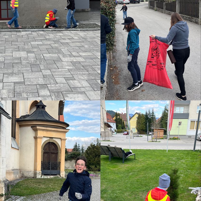 Vier Fotos zeigen verschiedene Aktivitäten. Eine zeigt eine Person in einer gelben Weste, die Müll aufhebt. Ein weiteres zeigt zwei Personen, die Müll aufheben. Das dritte zeigt eine Person, die einen Baum pflanzt. Das vierte zeigt ein Gebäude mit einem kleinen Turm.