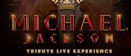 Michael Jackson Tribut Live-Erlebnis-Logo mit einer Silhouette einer Person mit Krone, Feuer- und Raucheffekten. Von Sasha Pagana seit 1987.