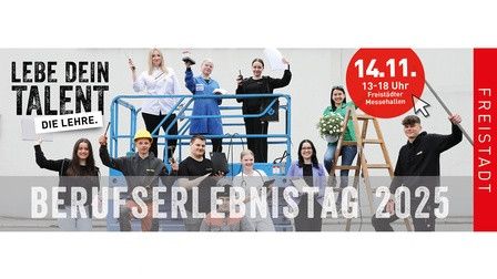 Plakat für Berufserlebenstag 2025 mit verschiedenen Personen in unterschiedlichen Berufen, die Werkzeuge und Schilder halten. Datum ist der 14. November 2025, Zeit 13-18 Uhr. Slogan 'Lebe dein Talent, lehr es'.