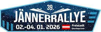 Das blaue und weiße Grafikdesign zeigt ein Raumschiff und Sterne. Es steht '39. JANNERRALLYE 02-04.01.2026' mit der österreichischen Flagge und dem Text 'Freistadt Oberösterreich'.