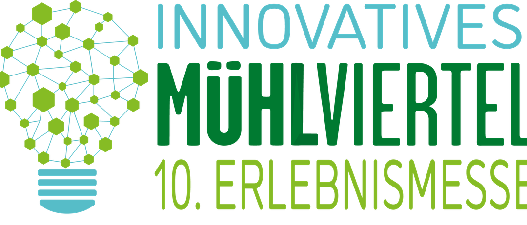 Das Bild zeigt die Wörter 'INNOVATION' in Blau und 'MÜHLVIE' in Grün, mit '10. ERLEBN' in Gelb auf schwarzem Hintergrund.