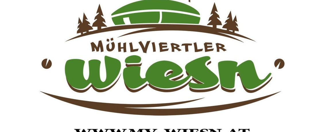 Logo für Mühlviertler Wiesen mit einem grünen Hügel, Bäumen und Flaggen. Webseite ist www.mvw-wiesen.at.