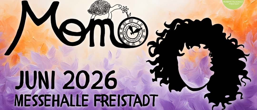 Plakat für Mittelschule Freistadt mit einer Schildkröte und einer Uhr. Der Text lautet 'Memo' und 'Ni 2026'. Das Plakat ist lila und weiß.
