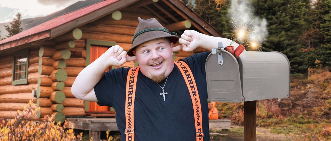 Bild enthält, Shelter, Person, Photography, Portrait, Tree, Housing, House, Mailbox, Cabin, Hat