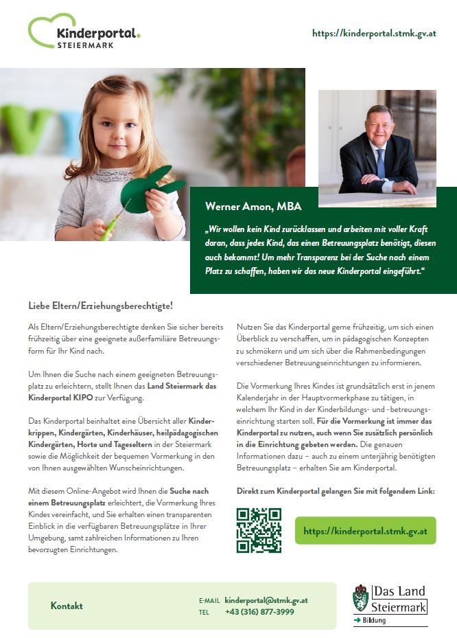 Das Bild zeigt ein junges Mädchen, das eine grüne Papierhand hält, und einen Mann in Anzug und Krawatte. Der Mann, identifiziert als Werner Amon, MBA, befürwortet ein neues Kinderportal. Das Portal soll Transparenz bieten und sicherstellen, dass jedes Kind, das einen Betreuungsplatz benötigt, einen erhält. Das Bild enthält einen QR-Code und einen Link zum Portal.
