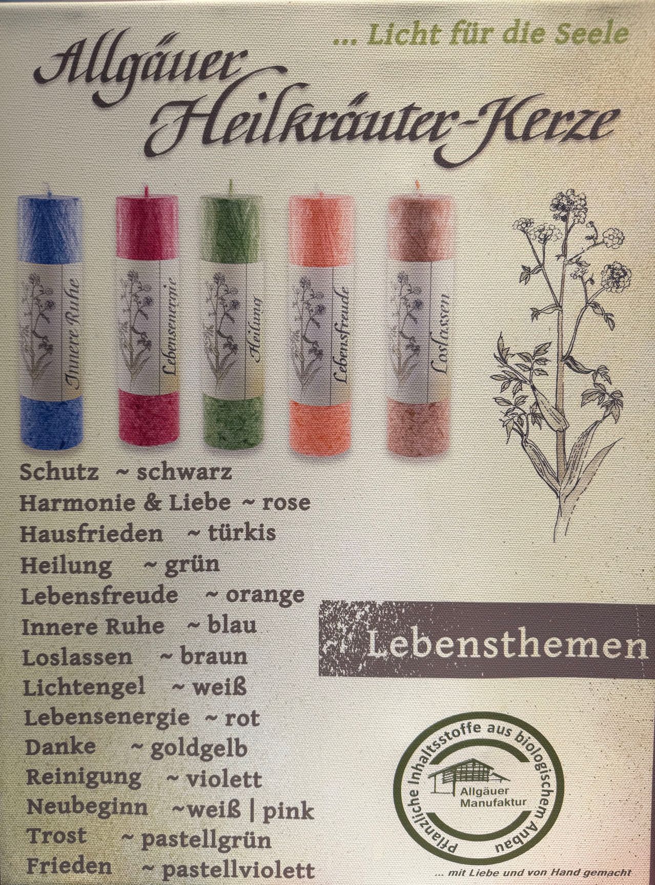 Das Bild zeigt verschiedene Kerzen mit unterschiedlichen Farben und entsprechenden Bedeutungen. Es gibt sechs Kerzen: Blau für Schutz, Rot für Liebe und Harmonie, Grün für Heilung, Orange für Lebensfreude, Rosa für innere Ruhe und Braun für Loslassen. Der Text enthält die Bedeutungen und ihre jeweiligen Farben.