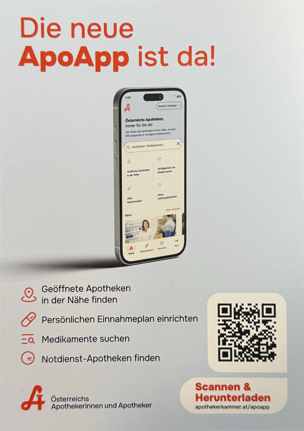 Ein Werbeposter mit einem Smartphone, das die Austria App-Oberfläche zeigt. Funktionen umfassen das Finden von Apotheken in der Nähe, das Einrichten eines persönlichen Einnahmeplans und die Suche nach Medikamenten. QR-Code zum Herunterladen der App.
