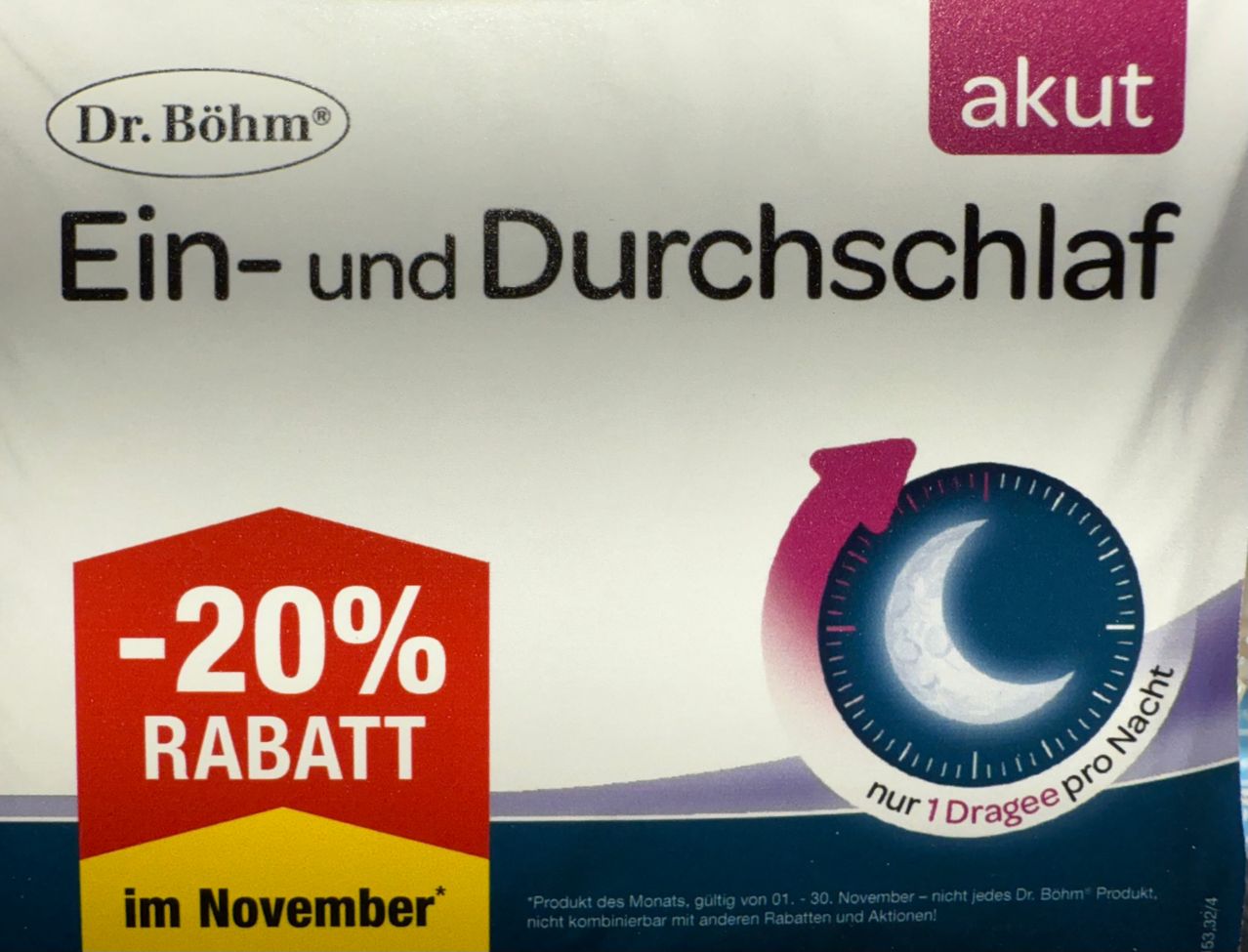 Das Bild zeigt eine Werbeaktion für ein Produkt von Aku Böhm. Es enthält ein Rabattbanner von -20% und eine Mondgrafik, was auf ein schlafbezogenes Produkt hindeutet. Das Angebot ist vom 01. bis 30. November gültig.
