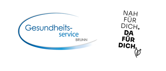 Das Logo für Gesundheit Service, mit einer wellenförmigen blauen Linie und dem Text 'Gesundheits-service' und 'BRÜNN' in Blau. Rechts steht der Text 'N.A. FÜND DICH' in Schwarz.