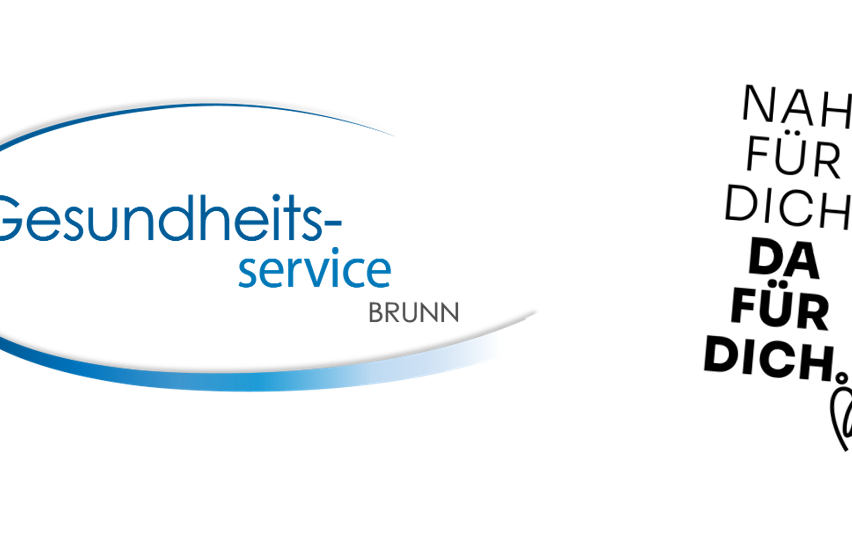 Das Logo für Gesundheit Service, mit einer wellenförmigen blauen Linie und dem Text 'Gesundheits-service' und 'BRÜNN' in Blau. Rechts steht der Text 'N.A. FÜND DICH' in Schwarz.