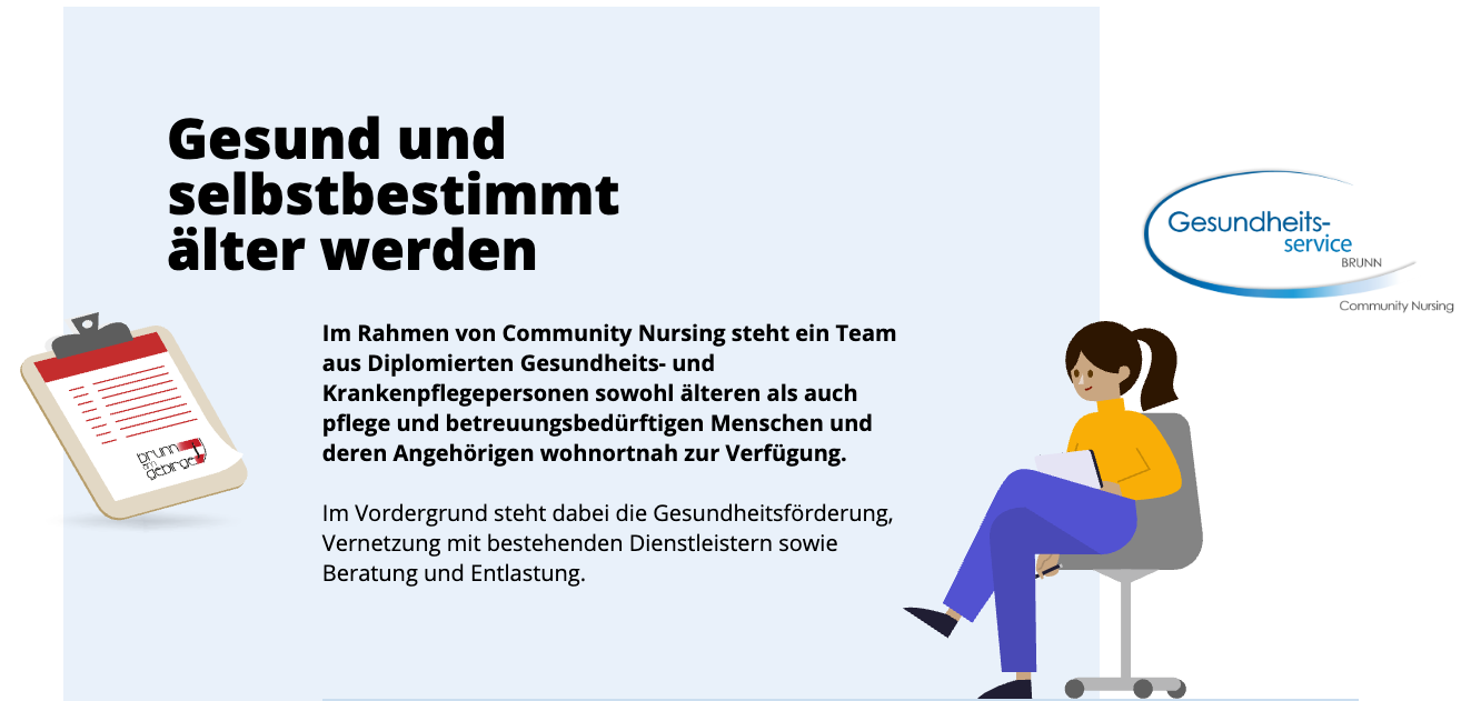Ein Team von Pflegekräften kümmert sich um ältere und abhängige Menschen und ihre Angehörigen. Im Vordergrund stehen Gesundheitsförderung, Vernetzung mit bestehenden Diensten sowie Beratung und Entlastung.