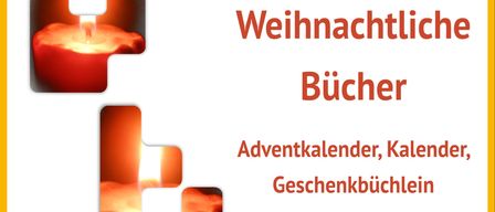 Werbeposter für die Pfarrbibliothek Korneuburg, kündigt weihnachtliche Bücher an und gibt die Öffnungszeiten der Bibliothek bekannt, einschließlich Adventskalender, Kalender und Geschenkbücher, ab dem 9. November 2025.