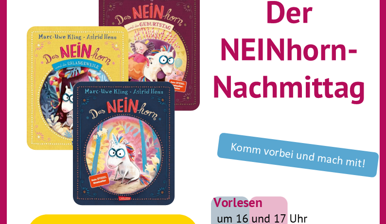 Veranstaltungsplakat für 'Der Neinhorn-Nachmittag' in der Pfarrbibliothek Korneburg. Datum: 9. Juni 2026, 15-19 Uhr. Aktivitäten, Vorlesen, Spiele und Basteln für Kinder und Familien.