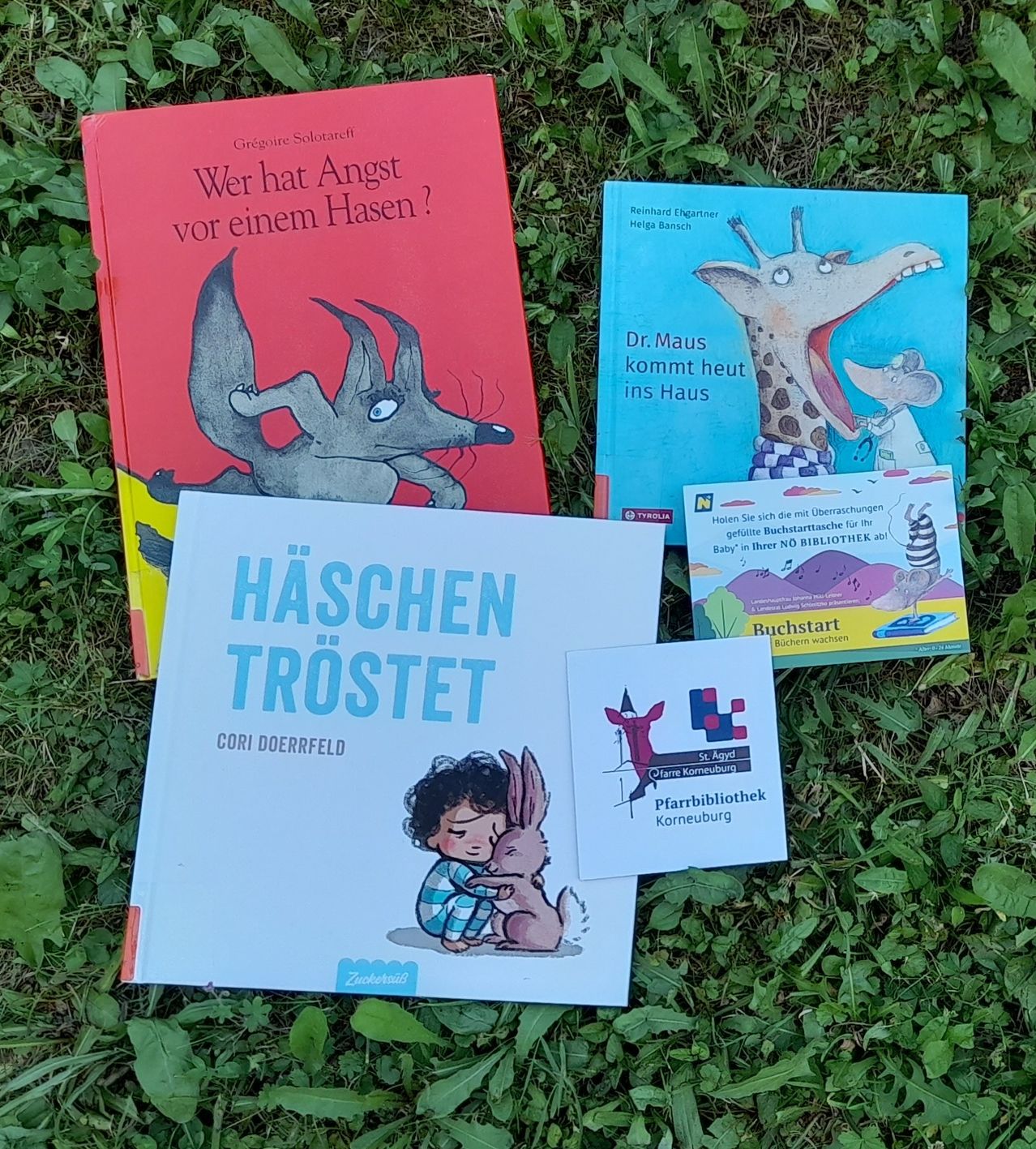 Vier Kinderbücher liegen auf dem Gras. Das erste Buch hat einen roten Einband und trägt den Titel 'Wer hat Angst vor einem Hasen?'. Das zweite Buch hat einen blauen Einband mit einer Giraffe und trägt den Titel 'Dr. Maus kommt heut'. Das dritte Buch hat einen weißen Einband und heißt 'Haschen Tröset'. Das vierte Buch ist ein kleines Buch.