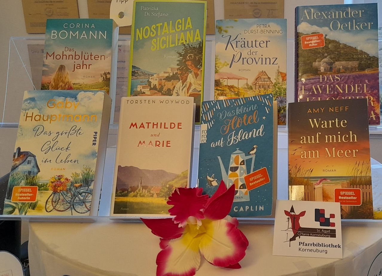 A table displays various books including 'Corina Bomann', 'Mathilde und Marie', 'Kräuter der Provinz', and 'Amy's Hotel on Island'. A pink flower and a card for 'Pfarrbibliothek Korneburg' are also present.