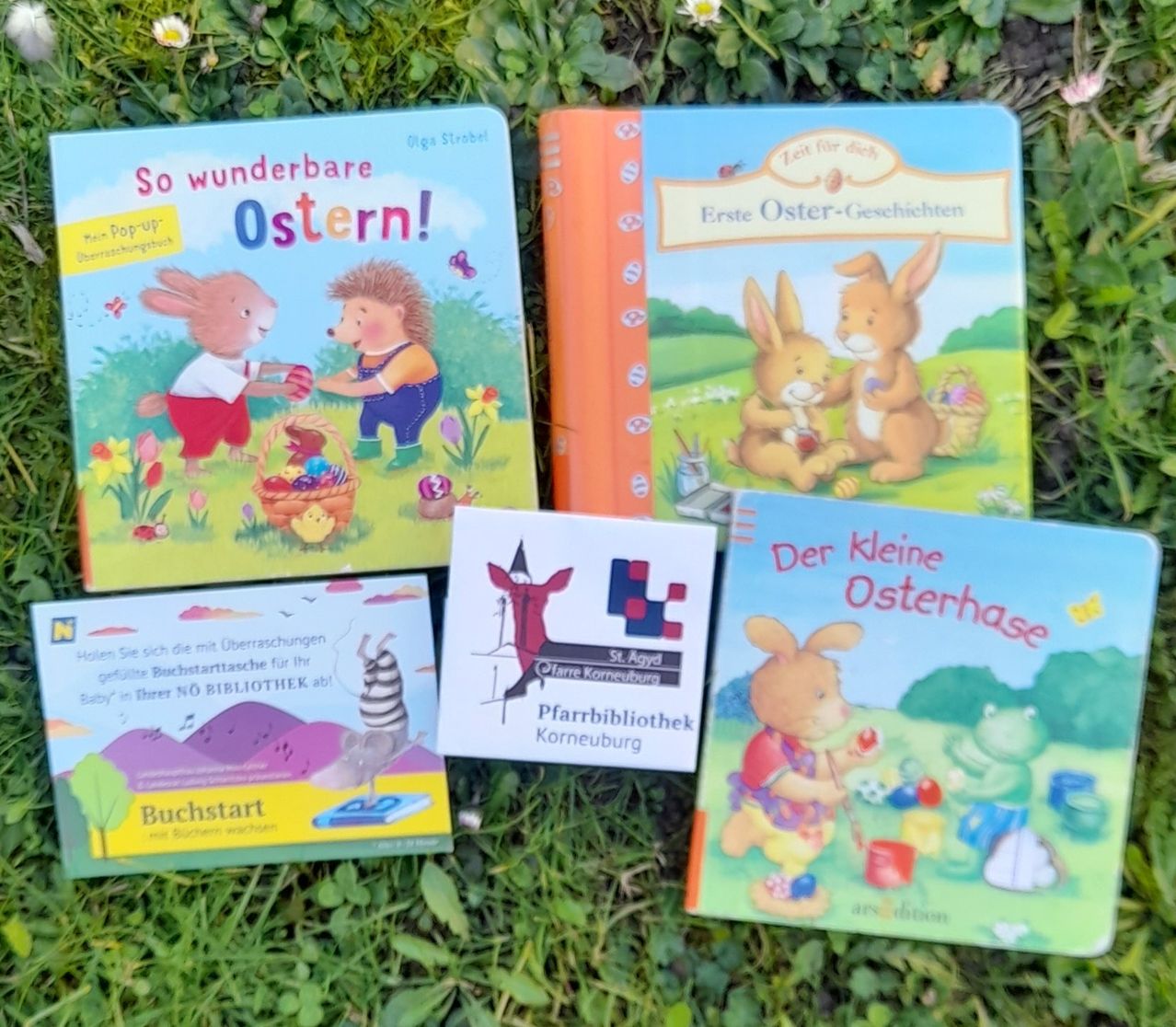Five books on a grassy field. The first has a rabbit and a hedgehog, the second is orange with bunnies, the third is white with a horse, the fourth is blue with a rabbit, and the last one is green with a rabbit and a frog.