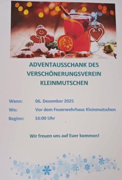 Plakat für den Adventausschank Kleinmutschen. Es zeigt eine Tasse Tee, einen Lebkuchen und Schneeflocken. Das Datum ist der 6. Dezember 2025. Ort: vor dem Feuerwehrhaus Kleinmutschen. Zeit: 16:00 Uhr.