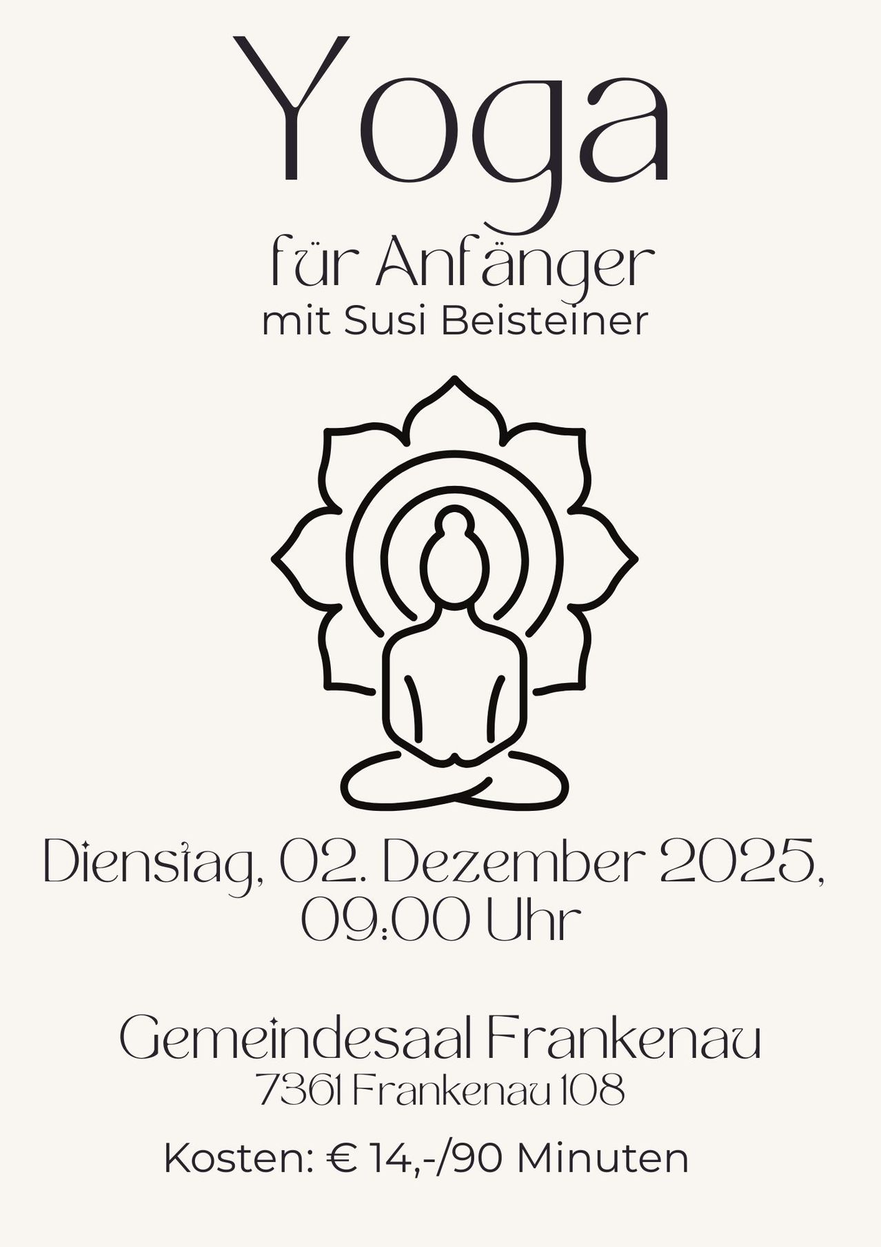 Ein Plakat für eine Meditationsveranstaltung für Anfänger am 2. Dezember 2025 um 9:00 Uhr. Es zeigt eine Silhouette einer Person in Lotusposition innerhalb eines Blumendesigns. Der Text ist auf Deutsch.