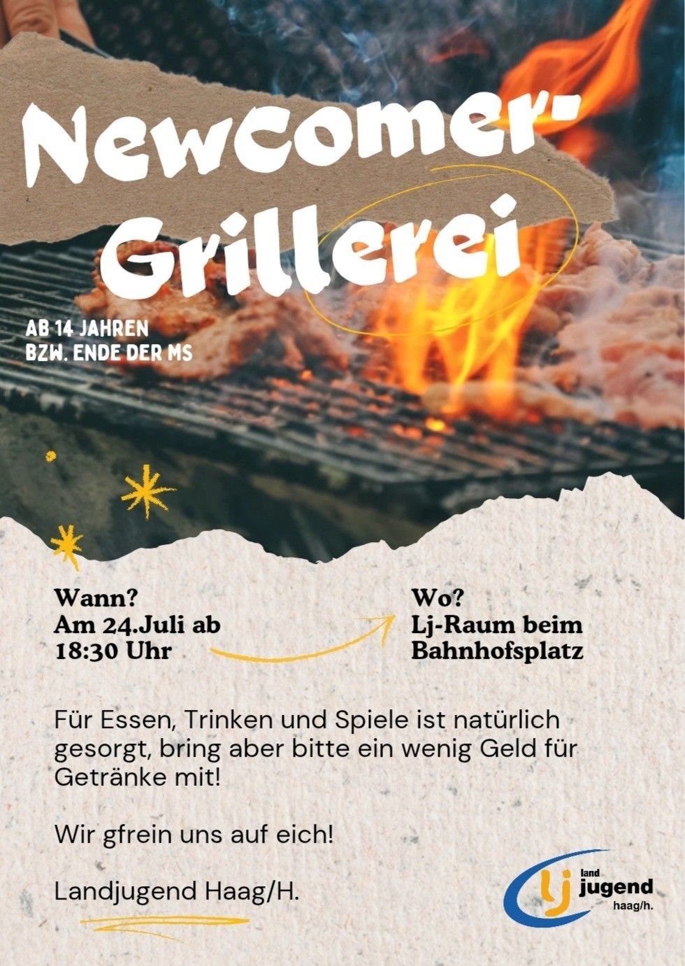 Eine Werbung für Newcom Grillerei. Es ist für ab 14 Jahren. Am 24. Juli um 18:30 Uhr gibt es Essen, Trinken und Spiele am Bahnhof. Bitte etwas Geld für Getränke mitbringen.