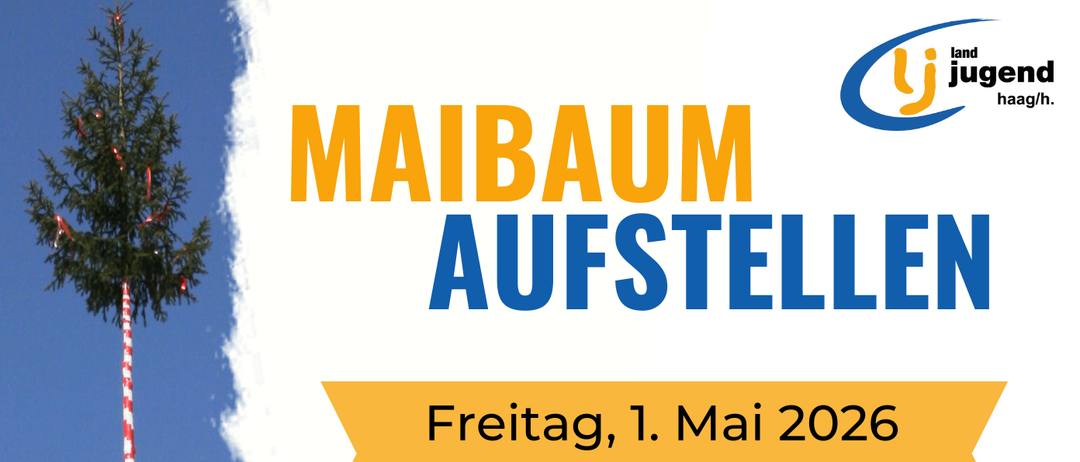 Das Plakat kündigt eine Feier am 1. Mai 2026 an, mit Aufbau ab 15:00 Uhr und Eröffnung um 15:30 Uhr. Es beinhaltet Speisen und Getränke wie Bratwurst, Kaffee und Limonade.