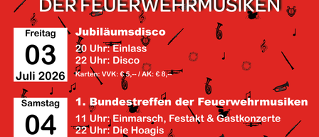 Red poster with the title '70 Jahre Feuerwehrmusik Eisbach-Rein'. It lists events for July 3rd, 4th, and 5th, 2026. Includes times, ticket prices, and activities.