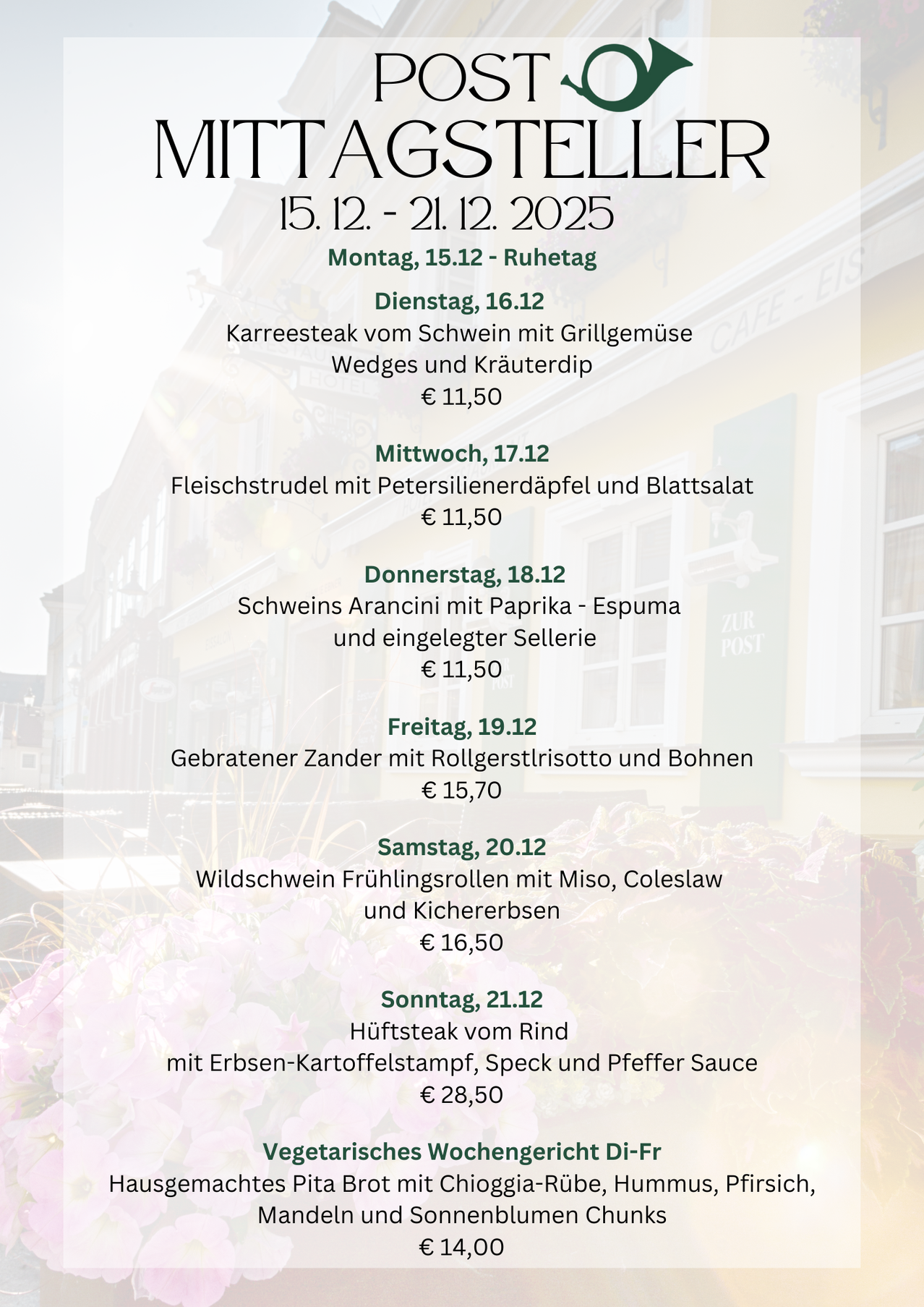 Weekly menu from December 15 to 21, 2025. Includes Karreesteak, Fleischstrudel, Arancini, Zander, Wildschwein, and a Rib Steak. Each dish priced at 11.50 euros, except for Zander at 15.70 euros and Rib Steak at 28.50 euros.