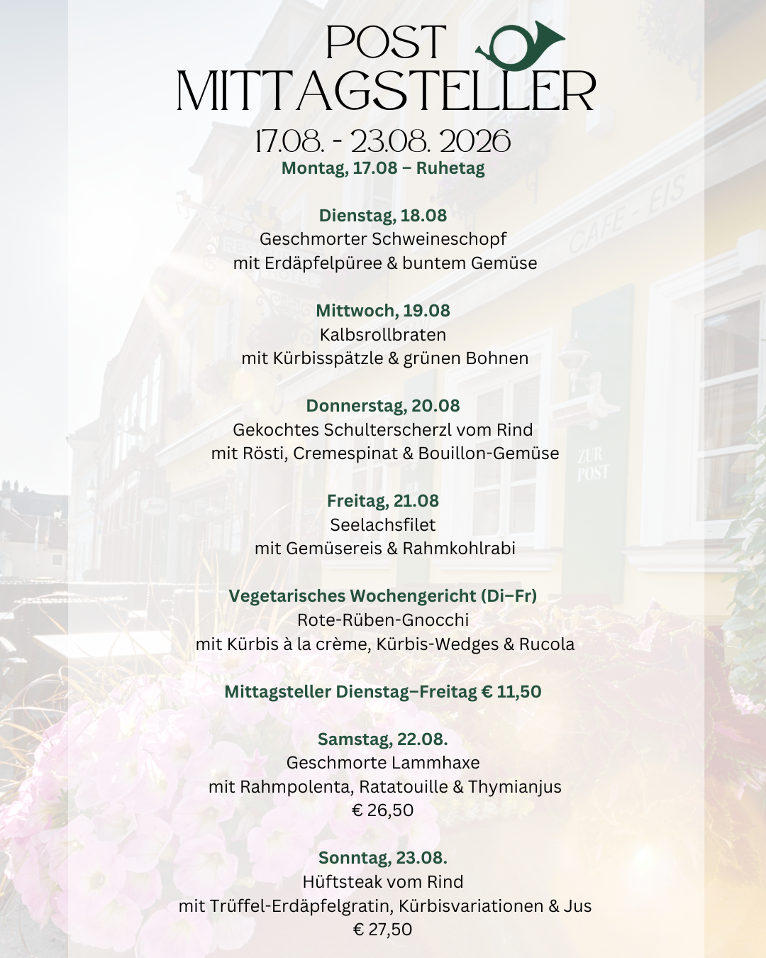 A menu for a restaurant with dates from August 17th to August 23rd, 2026, featuring daily specials, vegetarian options, and pricing.