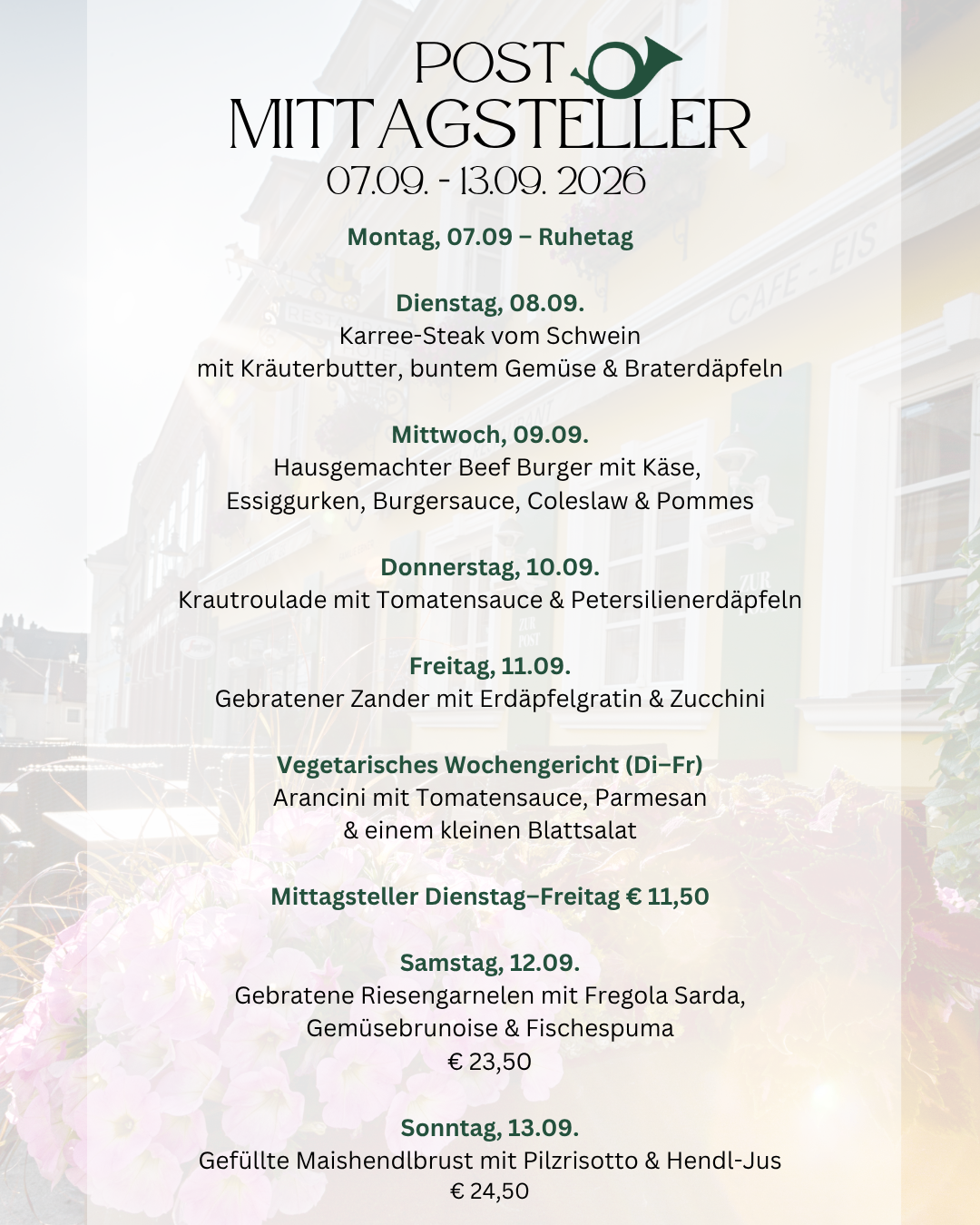 Weekly menu for a restaurant from September 7 to 13, 2026, featuring various dishes like steak, burgers, and vegetarian options. Each day's menu is listed with the price.