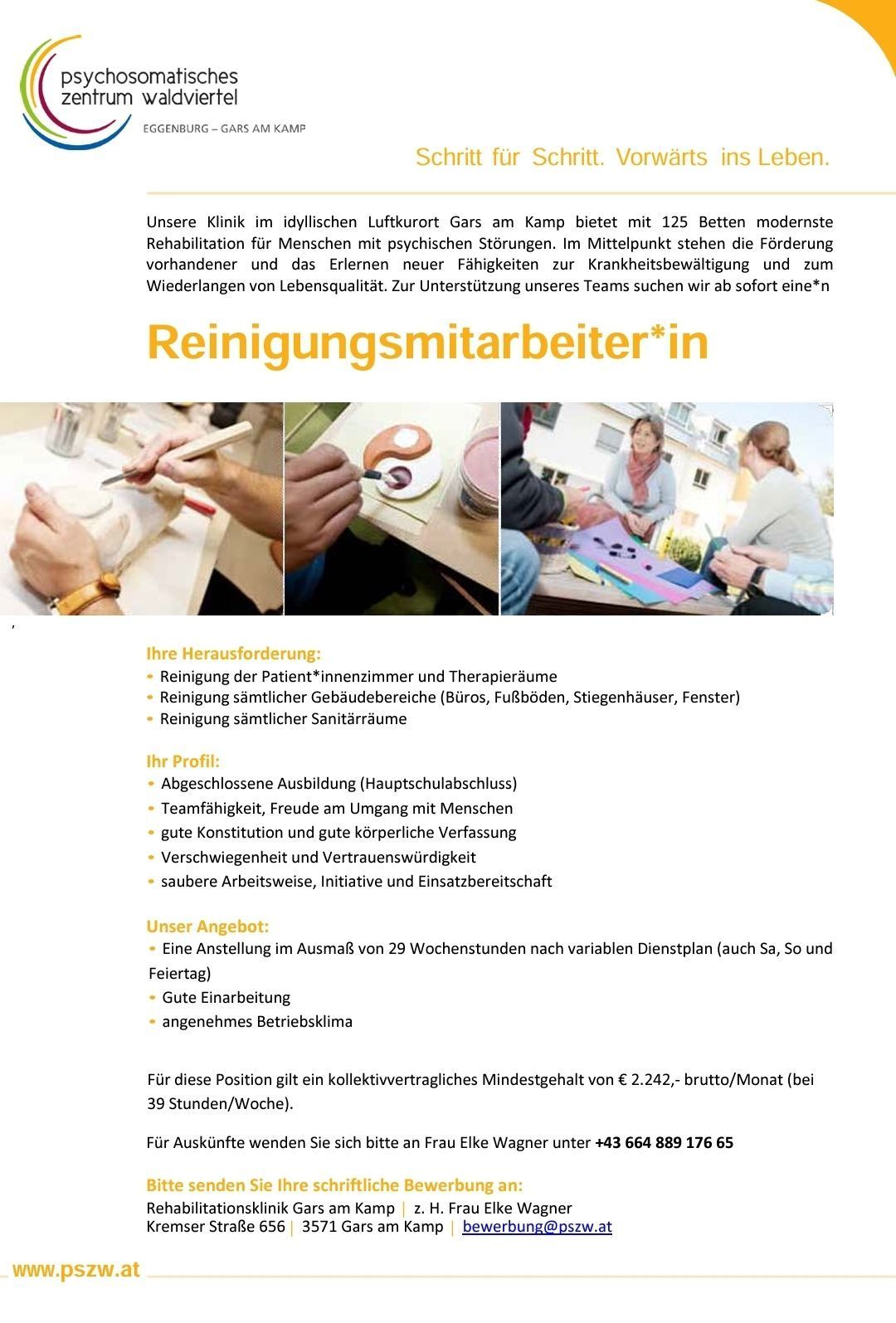 Stellenausschreibung für Reinigungsmitarbeiter in einer psychiatrischen Klinik in Gars am Kamp. Die Anzeige zeigt drei Bilder von Händen, die Oberflächen reinigen. Darunter sind Jobanforderungen, Profil und Angebotsdetails aufgeführt.