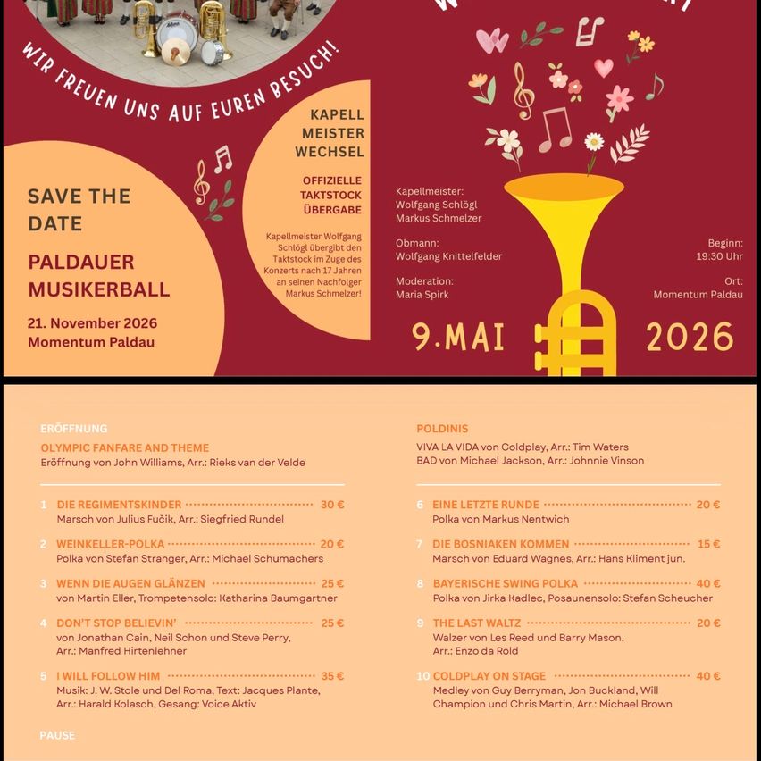 A poster for a music event on May 9, 2026. It features a trumpet and musical notes with text about a music festival, including event details, music arrangements, and ticket prices.
