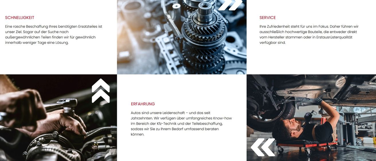 Ein Bild von Kfz-Mechanikern, die mit Autoteilen arbeiten und den Schwerpunkt auf Service und Expertise legen. Es betont ihre Leidenschaft für Autos und ihre umfangreiche Erfahrung in Kfz-Technik und Teilebeschaffung.