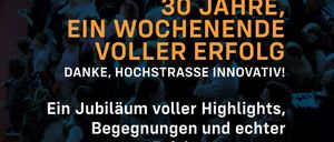 Menge um ein Auto versammelt, feiert 30-jähriges Jubiläum. Text: '30 Jahre, eine Woche voller Erfolg, danke, Hochstrasse Innovativ!' Highlights, Begegnungen und echte Erfolgsmomente.