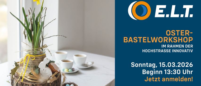 Das Bild zeigt einen Tisch mit zwei Tassen Kaffee, eine mit Untertasse, und einem Korb mit Eiern. Ein Logo befindet sich auf der rechten Seite. Der Text lautet 'BASTELWE HOCCH Sonntag Begi Jet'.