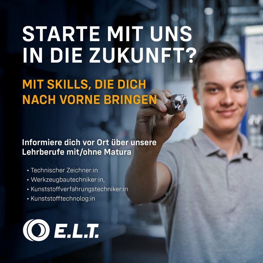 In einer Werbung für E.L.T. ist eine Person zu sehen, die ein kleines Metallobjekt in der Hand hält. Der Text lädt ein, mit ihnen in der Zukunft zu beginnen, mit Fähigkeiten, die sie voranbringen.