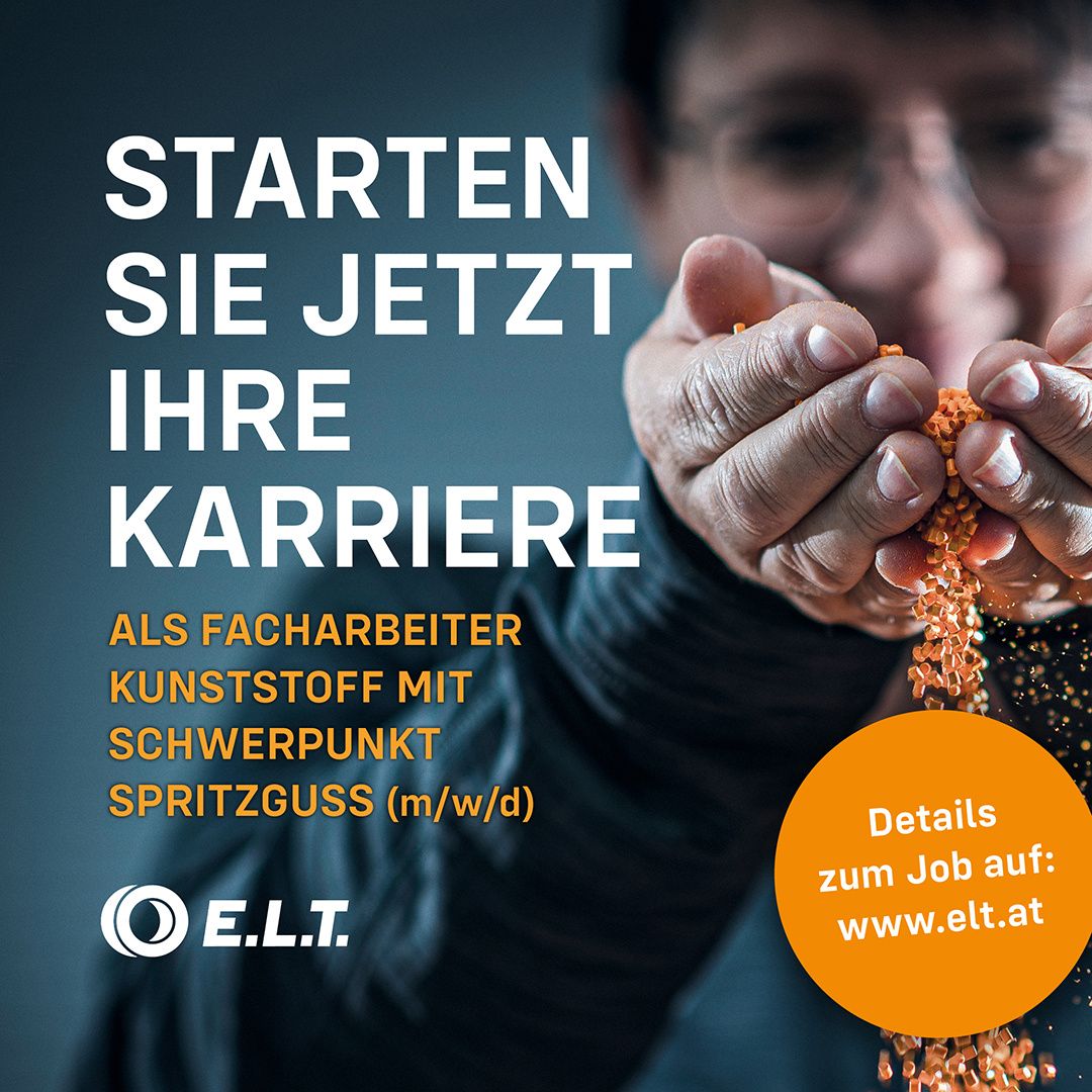 Eine Werbung für E.L.T. zeigt einen Mann, der eine Handvoll bunter Perlen hält. Der Text lautet 'Starten Sie jetzt Ihre Karriere' mit einem Link zur Webseite für weitere Details.