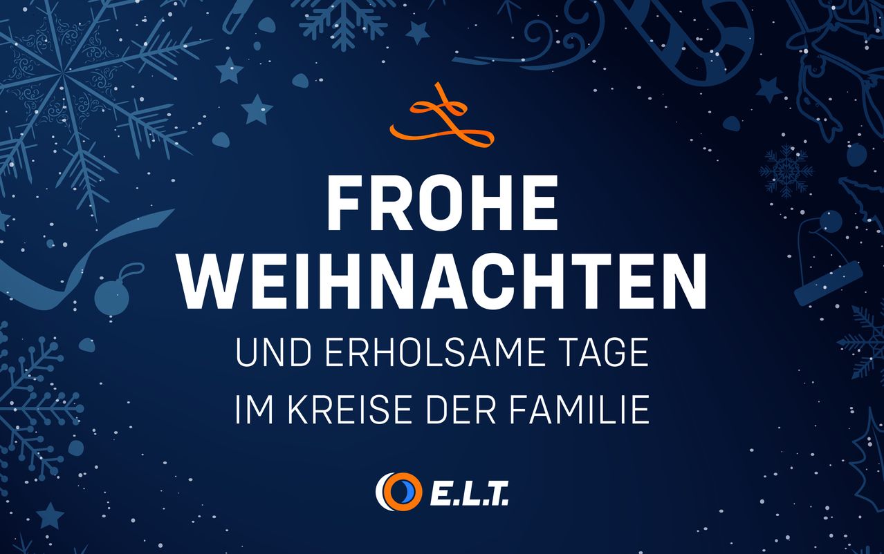Ein blaues Poster mit Schneeflocken und Sternen wünscht frohe Weihnachten und erholsame Tage im Kreise der Familie. Es enthält ein orangefarbenes Logo.