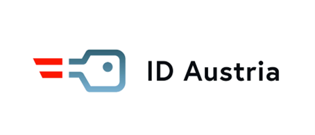Das ID Austria Logo zeigt ein blaues Schlüsselsymbol mit einem roten und weißen Streifen auf der linken Seite und dem Text 'ID Austria' in schwarzer Schrift.