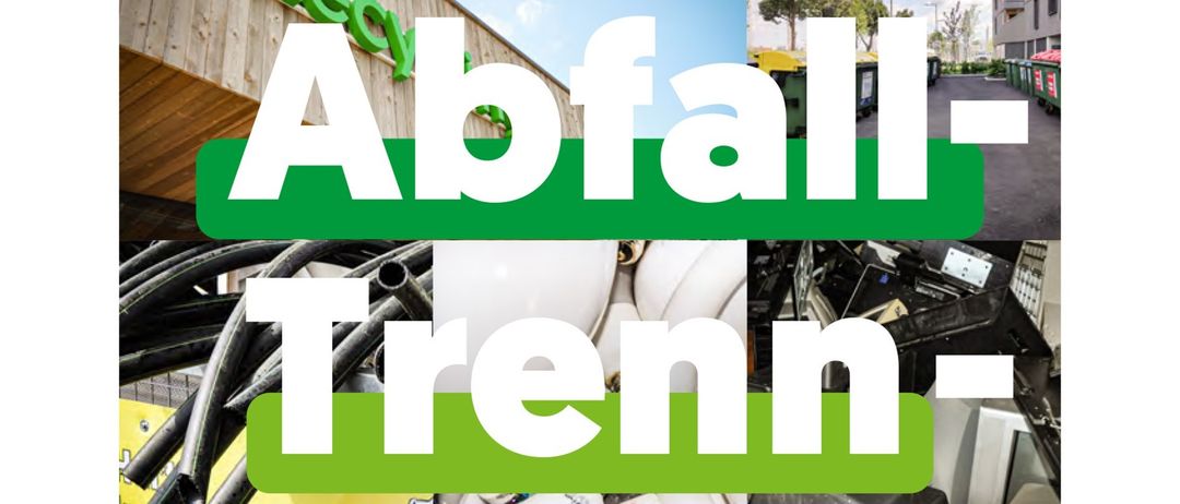 Ein Plakat für Abfall-Trenn-ABC für Haushalte in der Steiermark, mit einer Collage von Abfalltrenncontainern und Gegenständen.